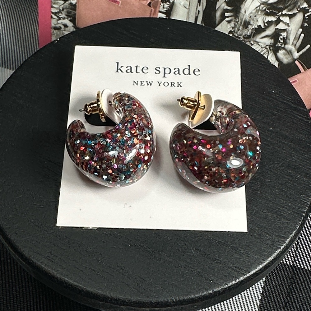 Kate Spade Earrings Hoops multi-glitter pink gold New! Adorables!
